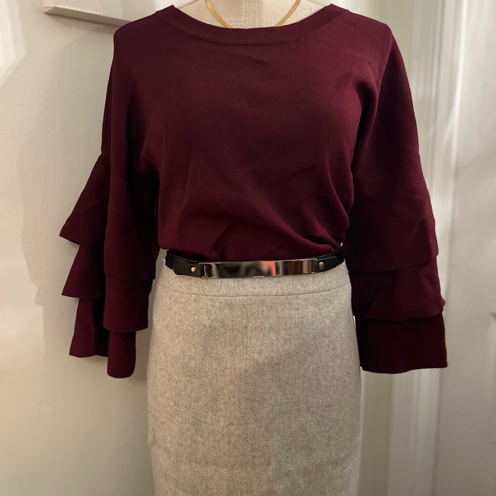 TIER RUFFLE Burgundy Merlot Tiered Ruffle sleeve Heavy structured Top Size L